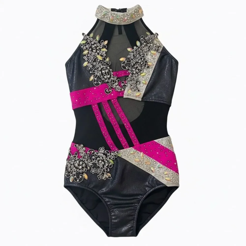 Glamour competition, solo dance costume hot pink black sassy jazz bling LC child